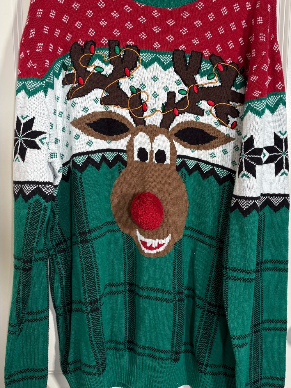 Festive Green Crewneck Sweater with Red Reindeer Accent